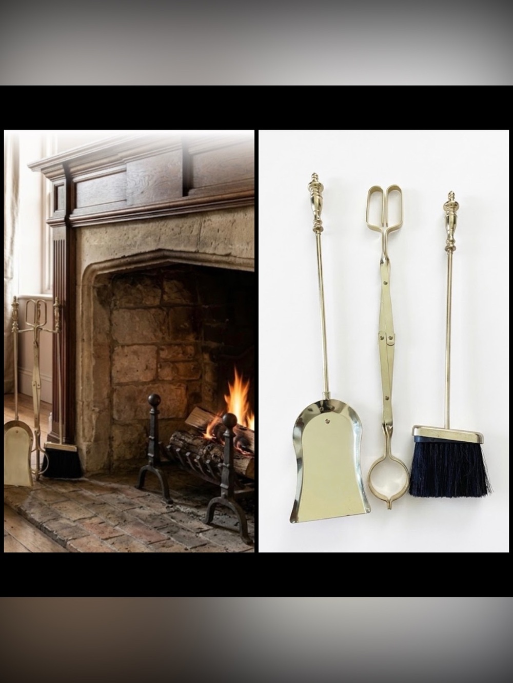 Vintage Polished Brass Ornate Companion Fireplace Shovel Brush Tong Tool Set